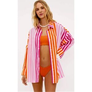 Beach Riot Revolve Alexa Striped Shirt in Pink & Orange Sunset Stripe Large/ XL
